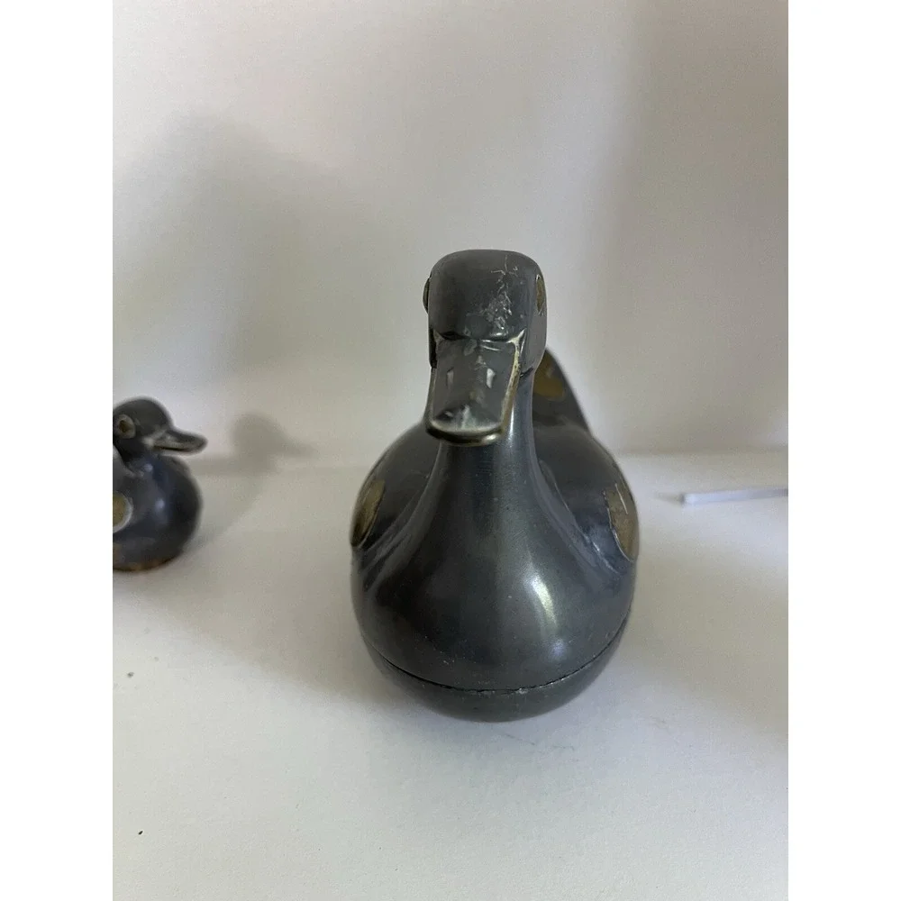 Vintage Solid Pewter and Brass Tin Duck Family Lidded Boxes - Set of 3 Hong Kon